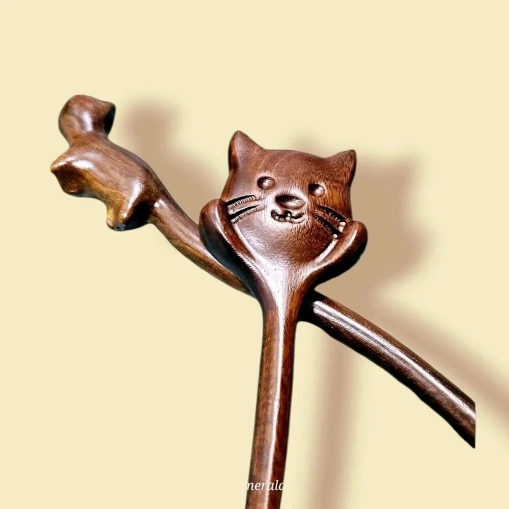 Wood Cat Face & Body Stick Chinese Style Women Hairpin Headwear Hair Fork Set 2